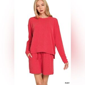 Zenana Corded Ribbed Long Sleeve Tee and Shorts Set🆕